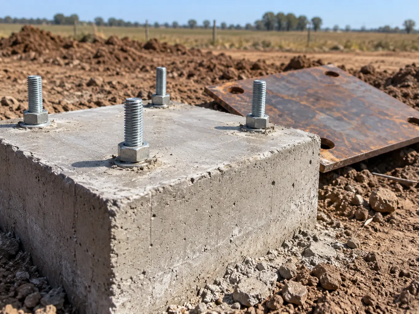 Base de hormigón con pernos de anclaje para la columna de un galpón