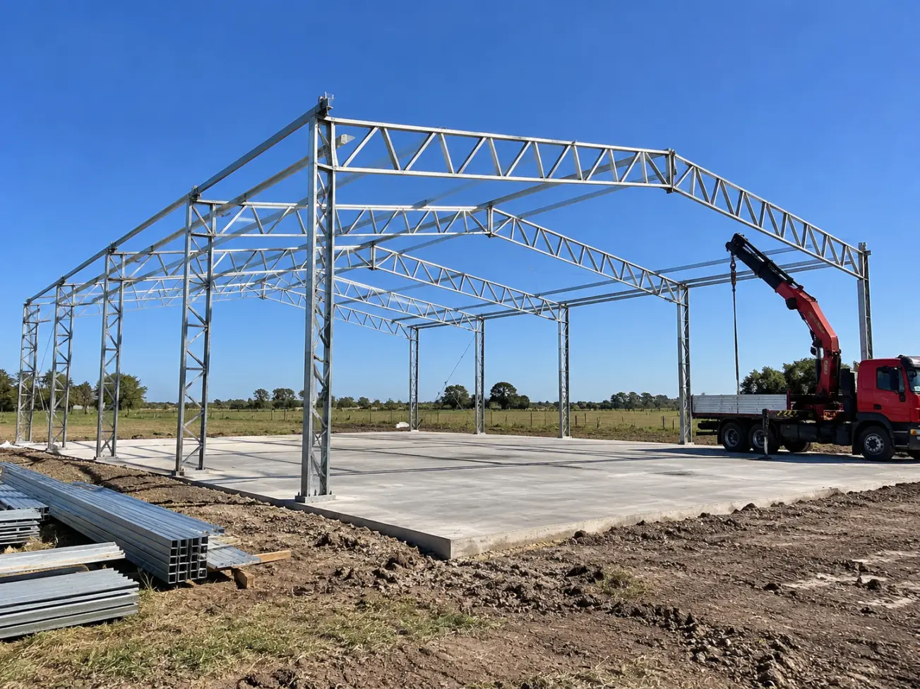 Galpón en construcción con columnas y cabriadas montadas sobre la platea