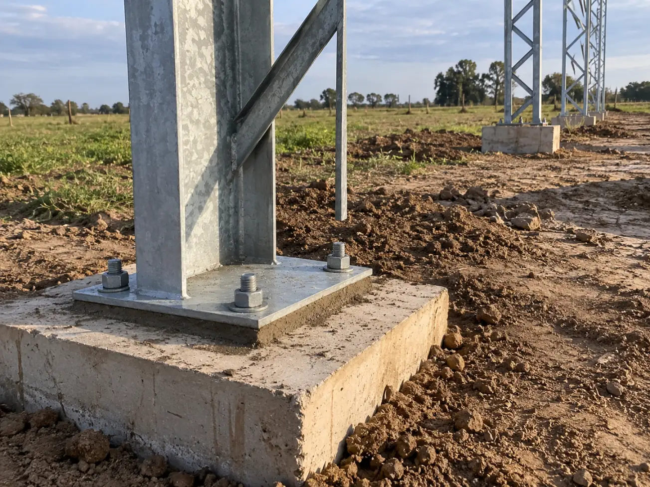 Base de hormigón con placa y pernos de anclaje de una columna de tinglado